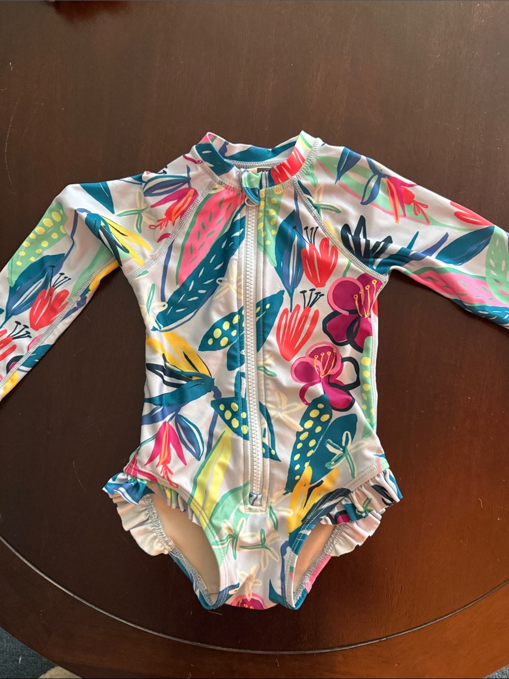 Tea Collection White Multi Floral Long-Sleeve Zip One-Piece Swimsuit
